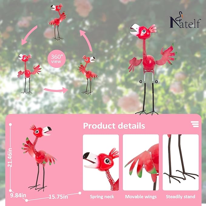 Natelf Metal Flamingo Garden Statue, Whimsical Pink Bird Flamingo Sculpture Decor Yard Art for Outdoor Yard Porch Patio Backyard Porch Decorations 21.46''