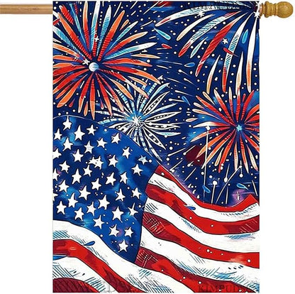 Patriotic 4th of July Floral House Flag 28x40 Inch Double Sided, Large Burlap Memorial Day Welcome Daisy Yard Flag for Summer Holiday Seasonal Outside Decoration