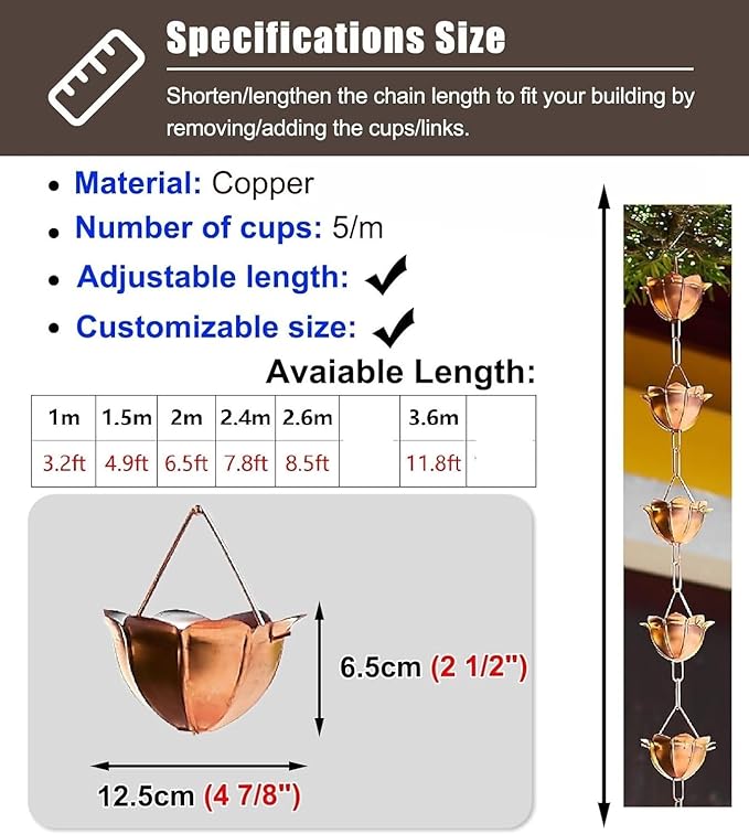 Outside Hanging Rain Catcher Rain CupsChime, Hanging Flower Japanese for Rain Gutter & Eaves Drainage, Garden Decoration Pure Copper Downspout Water Chain