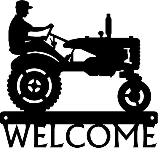 Tractor & Farmer 12" Wide Metal Welcome Sign for Porch & Front Door. Made in the USA