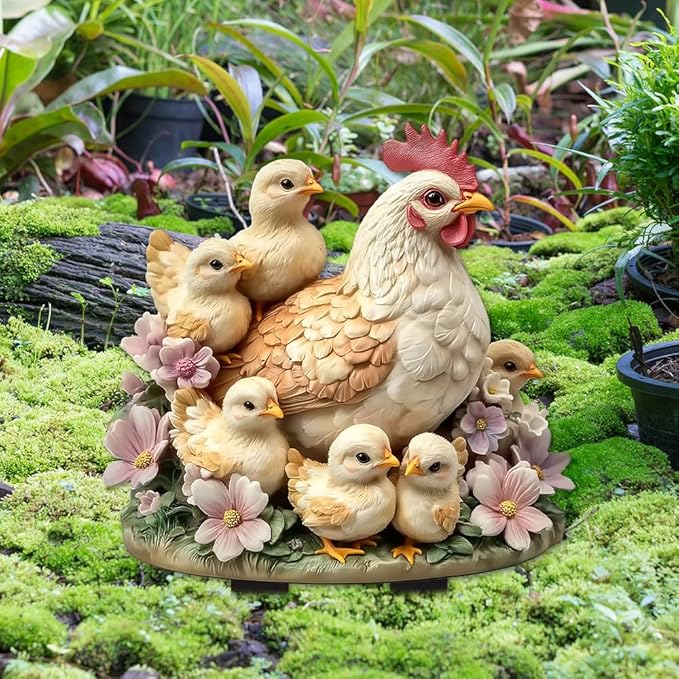 Garden Stake Decor, Acrylic 2D Flat Animal Statue, Fairy Sculptures Ornament Indoor Outdoor Yard Lawn Pot Plant Decorative Accessories (Hens and Chicks)