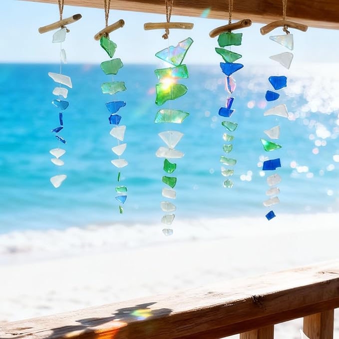SNAIL GARDEN 5 Pieces Sea Glass Wind Chimes, Handmade Style Ocean Wind Chimes for Outside, Sea Glass Decor for Garden, Beach House Decor, Indoor Home Patio Hanging Ornament