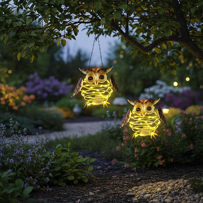 2 Pack Owl Solar Lights Outdoor Hanging Lantern with Handle, Solar Powered Owl Garden Decor for Outside Patio Yard Porch Pathway Owl Gifts for Women (Warm White LED Lights)