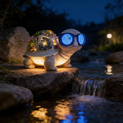 Solar Garden Outdoor Statues with Succulent and 7 LED Lights - Lawn Decor Tortoise Statue for Patio, Balcony, Yard Ornament - Unique Housewarming Gifts (Gray Turtle)