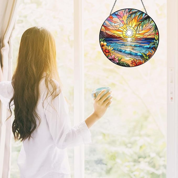 Beach Sunset Sun Catcher Stained Glass Window Hanging Beach Lovers Gifts for Women Wall Decor Landscape Decoration for Home Garden Housewarming Gifts