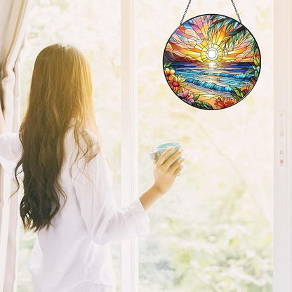 Beach Sunset Sun Catcher Stained Glass Window Hanging Beach Lovers Gifts for Women Wall Decor Landscape Decoration for Home Garden Housewarming Gifts