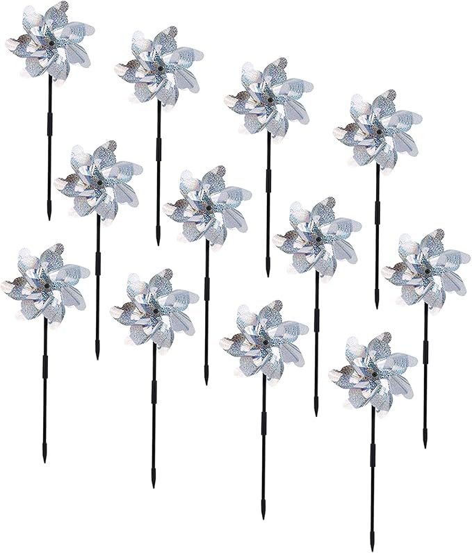 BATTIFE Reflective Pinwheels for Yard and Garden, Pre-Installed Sparkly Blind Birds Pin Wheel, Scare Birds & Animal Away Wind Spinner, 12 Pack (Silver)