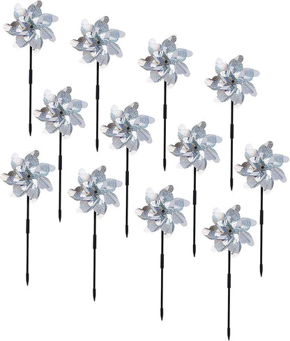 BATTIFE Reflective Pinwheels for Yard and Garden, Pre-Installed Sparkly Blind Birds Pin Wheel, Scare Birds & Animal Away Wind Spinner, 12 Pack (Silver)