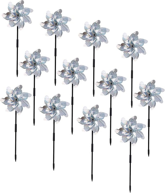 BATTIFE Reflective Pinwheels for Yard and Garden, Pre-Installed Sparkly Blind Birds Pin Wheel, Scare Birds & Animal Away Wind Spinner, 12 Pack (Silver)