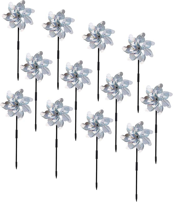 BATTIFE Reflective Pinwheels for Yard and Garden, Pre-Installed Sparkly Blind Birds Pin Wheel, Scare Birds & Animal Away Wind Spinner, 12 Pack (Silver)