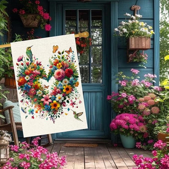 Colorful Floral Love Hearts Garden Flag 28X40 Inch Double Sided Small Burlap Birds Flowers Butterflies Outdoor Decorations Spring Summer Garden Flags Patio Yard Outside Decor