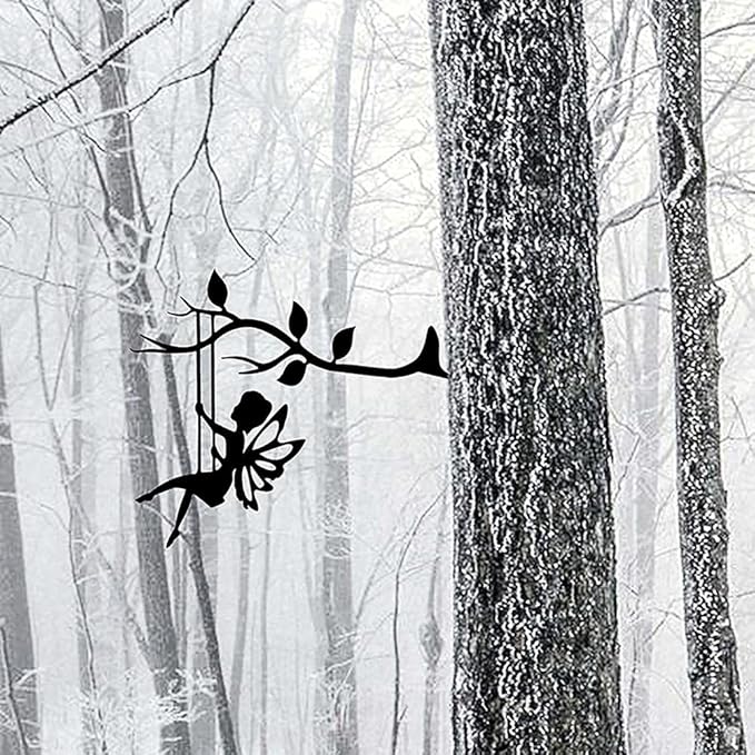 Fairy Silhouette Statue, Metal Fairy Branch Decoration Outdoor Metal Craft Fairy Statue for Garden Backyard Tree Decor, Hanging Ornament (28 x 23 cm) (Black)