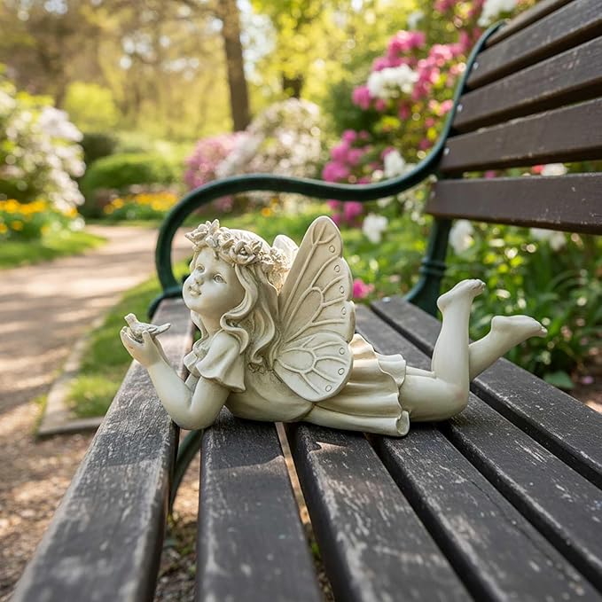 Lying Fairy Garden Statue with Bird – Resin Angel Figurine for Outdoor Garden Decor, Fairy Garden Sculpture for Yard, Patio or Flower Bed – 11" Garden Fairy Figurine