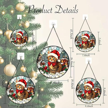 Stained Glass Window Hanging - 6.3 Inches Cat and Snowy Day Christmas Suncatcher for Garden Home Decor for Women Mon Grandma Friends