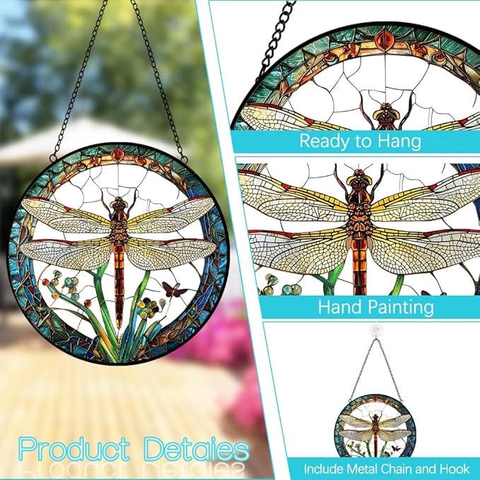 Dragonfly Suncatcher Stained Glass Window Hanging - 8″ Handmade Dragonflies Plant Suncatchers for Windows Hanging - Sun Catchers Christmas Decorations Glass Panel - Birthday Gifts for Women Men Mom