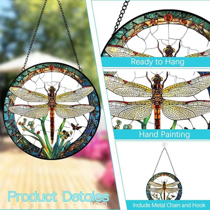 Dragonfly Suncatcher Stained Glass Window Hanging - 8″ Handmade Dragonflies Plant Suncatchers for Windows Hanging - Sun Catchers Christmas Decorations Glass Panel - Birthday Gifts for Women Men Mom