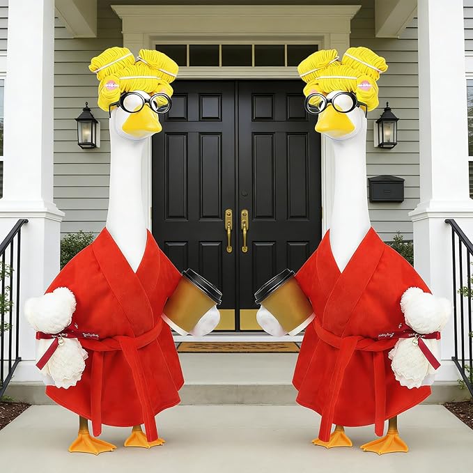 Lady Porch Goose Outfits,Bathrobe Porch Goose Statue Costume with Curlers Reading Glasses Coffee Cup Towel,Cute Goose Clothes for 23-Inch Cement Statue,Lawn Yard Garden Patio Decor（Red）