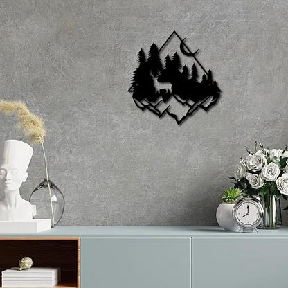 CREATCABIN Deer Pine Tree Metal Wall Art Decor Mountain Forest Black Wall Signs Iron Hanging Metal Ornament Sculpture for Balcony Garden Home Bedroom Decoration Outdoor 11.8x11.6Inch