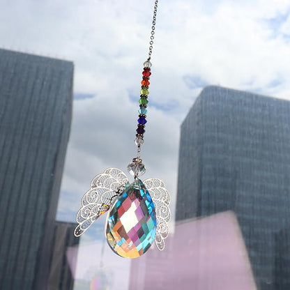 Rainbow Crystal Suncatcher,Angel Suncatcher with Large Wings in The Drop Shape,Guardian Angel for Car