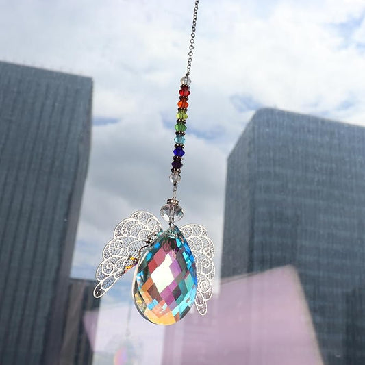 Rainbow Crystal Suncatcher,Angel Suncatcher with Large Wings in The Drop Shape,Guardian Angel for Car