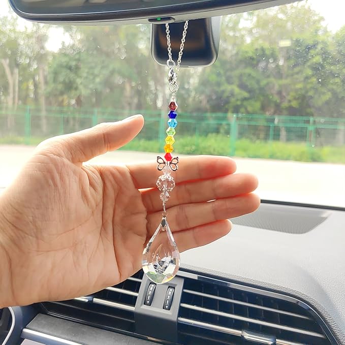 Crystal Sun Catcher Rear View Mirror Accessories, Colorful Crystals Suncatcher Car Mirror Hanging Accessories Car Decor, Hanging Ornament for Window Home Garden etc.
