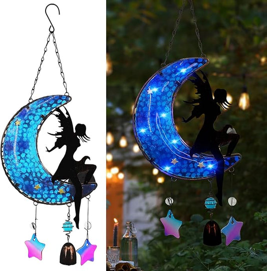 Memorial Wind Chimes Solar Hanging Glass Moon Lights Metal Fairy Angel Outdoor Wind Chimes for Mom Loved One Gifts