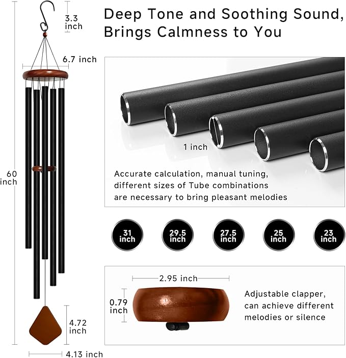 Bursvik 60'' Wind Chimes for Outside Deep Tone, Large Wind Chime, 5 Heavy Duty Tubes Metal Extra Large Wind Chimes Outdoor, Decoration for Garden, Patio, Yard, Gifts for Mother's Day(Rhombus)