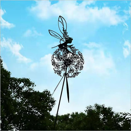 Flower Fairy Dancing with Dandelion, Fairy Garden Sculptures, Angel Metal Ornaments Gardens Art Sculpture, Stainless Steel Statue Garden Ornaments Art Decorations for Outdoor Yard Lawn Patio (C_flat)