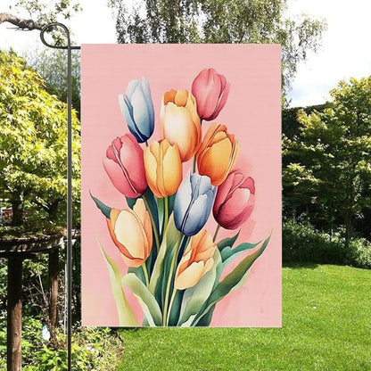 Gkyygk Pink Tulip Flower Welcome Banners Garden Flag Double Sided 12x18 Inches Farmhouse Holiday Outside Decorations Burlap Yard Flag