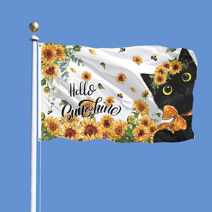 SENSEVEN Spring Summer Sunflowers Black Cat Flags for Outside 3x5 Ft, Summer Bees Yard Flag, Cute Kitten Hello Sunshine Floral Flag Seasonal Welcome Outdoor Banner for Porch Farmhouse Decor