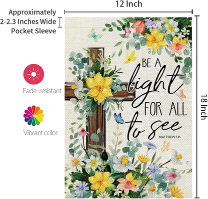 CROWNED BEAUTY Spring Garden Flag Floral Cross 12x18 Inch Double Sided Small Seasonal Holiday Religious Decoration for Outdoor Lawn Yard