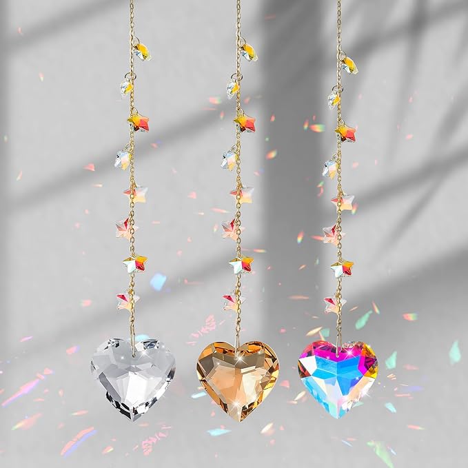Crystal Sun Catcher Crystal Heart Suncatchers for Windows Hanging Healing Crystals Ornament Gift for Wife Mom Set of 3
