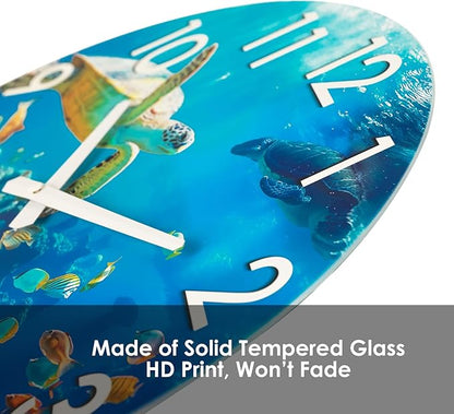 Crosstime 16 Inch Large Outdoor Wall Clock Waterproof - Sea Turtle & Coral Reef Ocean Life Theme, Tempered Glass Face - Silent Coastal Decor Clock for Outside Patio, Poolside, Garden, Beach House