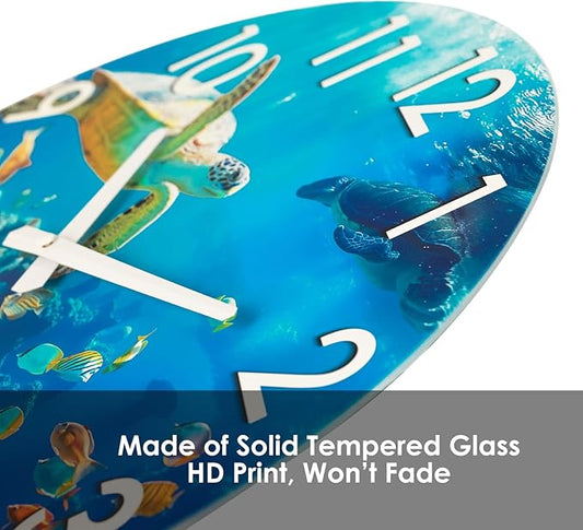 Crosstime 16 Inch Large Outdoor Wall Clock Waterproof - Sea Turtle & Coral Reef Ocean Life Theme, Tempered Glass Face - Silent Coastal Decor Clock for Outside Patio, Poolside, Garden, Beach House