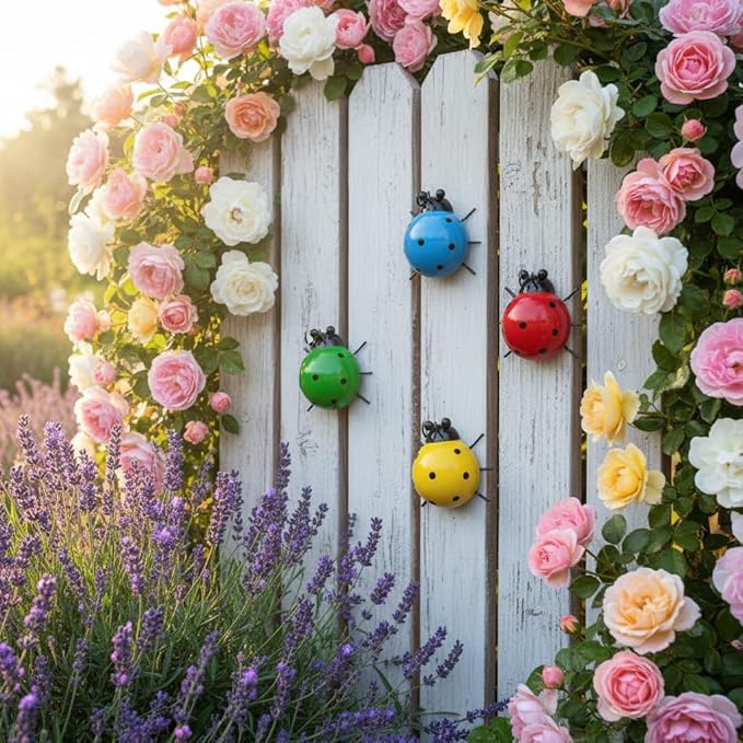 Cruis Cuka Metal Garden Wall Art Decorative Set of 4 Cute Colorful Ladybugs Outdoor Wall Sculptures Yard Art Lawn Ornaments for Fence Patio, Gifts for Mom Housewarming