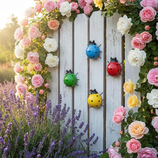 Cruis Cuka Metal Garden Wall Art Decorative Set of 4 Cute Colorful Ladybugs Outdoor Wall Sculptures Yard Art Lawn Ornaments for Fence Patio, Gifts for Mom Housewarming