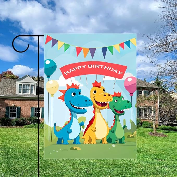 Gkyygk Dinosaur Happy Birthday Garden Flag 12 x 18 Inch Double Sided Welcome Banners Farmhouse Holiday Outside Decor Burlap Yard Flag