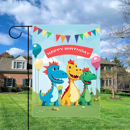Gkyygk Dinosaur Happy Birthday Garden Flag 12 x 18 Inch Double Sided Welcome Banners Farmhouse Holiday Outside Decor Burlap Yard Flag