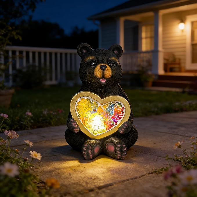 Solar Turtle Garden Statue Lights for Outdoor Decor with Cracked Glass LED Figurine Lighting Resin Succulent Tortoise Decorations Patio Lawn Yard Housewarming Mom Gifts (Black Bear)
