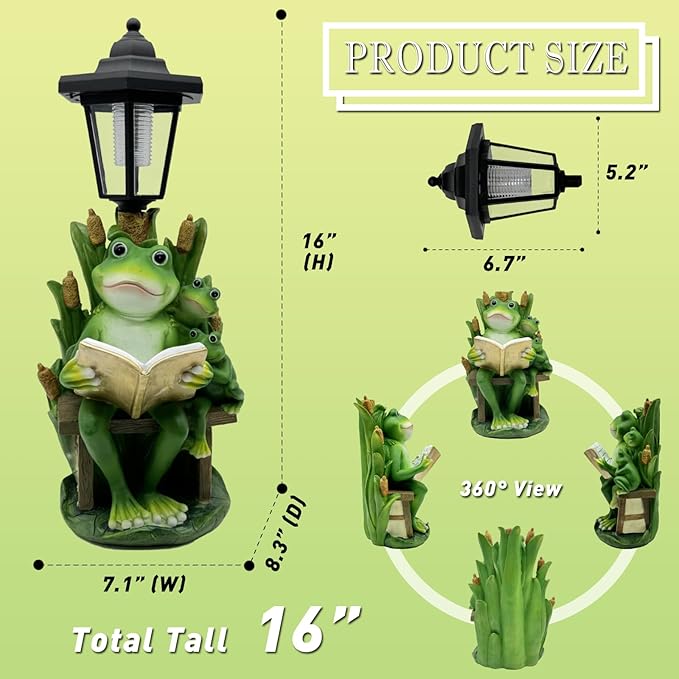 Solar Frog Garden Statue for Outdoor Decor with Lantern - Lawn Decoration 16“ Tall Frog Figurine Lights for Patio, Yard, Porch Ornament - Valentine's Day Gifts for Mom, Grandma, Women