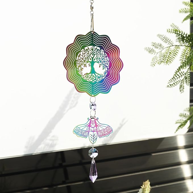 Tree of Life Wind Spinner Suncatcher Metal Colorful Wind Chimes for Outside Durable 3D Stainless Steel Wind Sculpture Hanging Art Ornaments for Garden Yard Balcony Decor