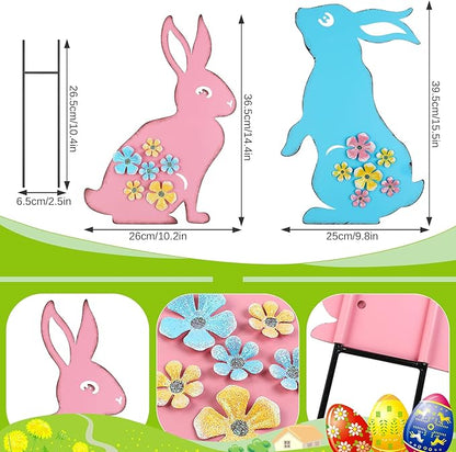 Metal Easter Bunny Yard Sign - 2 Pack Colorful Easter Bunny Lawn Stakes with 3D Flowers Spring Garden Decorations for Outdoor Easter Decor