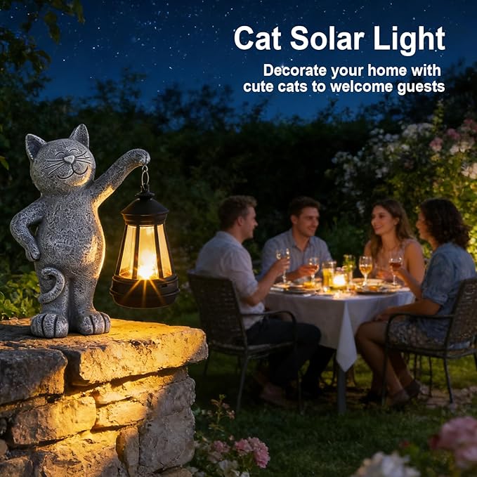 Solar Garden Cat Statue with LED Lights, Outdoor Cat Figurine for Cat Lovers, Yard Lawn Patio Home Decor, Mother’s Day Birthday Gifts for Women Mom Grandma