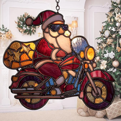 Cool Santa Riding Motorcycle Mosaic Acrylic Suncatcher Stained Glass Effect Window Car Hanging Christmas Ornament Indoor Outdoor Decor Garden Sun Catcher Panel for Women Mom Grandma