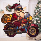 Cool Santa Riding Motorcycle Mosaic Acrylic Suncatcher Stained Glass Effect Window Car Hanging Christmas Ornament Indoor Outdoor Decor Garden Sun Catcher Panel for Women Mom Grandma