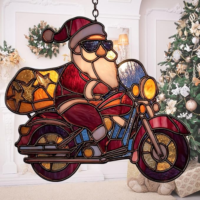 Cool Santa Riding Motorcycle Mosaic Acrylic Suncatcher Stained Glass Effect Window Car Hanging Christmas Ornament Indoor Outdoor Decor Garden Sun Catcher Panel for Women Mom Grandma