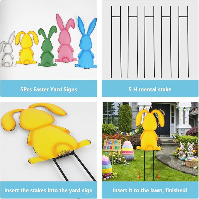 Metal Easter Yard Signs 5pcs with Stakes Welcome Peeps Bunny Garden Decorations Outdoor Holiday Welcome Signs for Happy Easter Themed Festival Party Supplies, Lawn, Garden Yard Decor