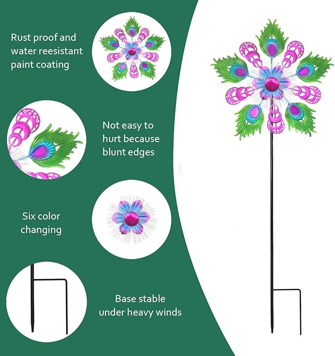 40" Solar Peacock Wind Spinners Garden Stake, Solar Wind Sculpture Yard Art Decorations for Lawn, Patio & Yard & Garden Decor, Metal Purple Whirligigs Wind Spinners Outdoor