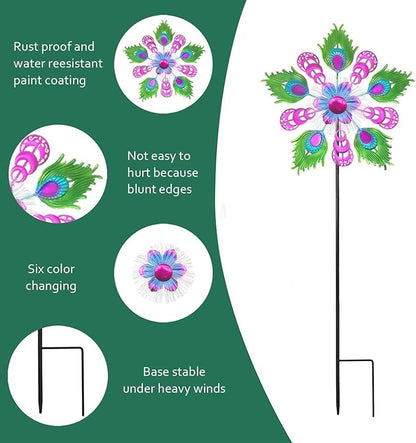40" Solar Peacock Wind Spinners Garden Stake, Solar Wind Sculpture Yard Art Decorations for Lawn, Patio & Yard & Garden Decor, Metal Purple Whirligigs Wind Spinners Outdoor