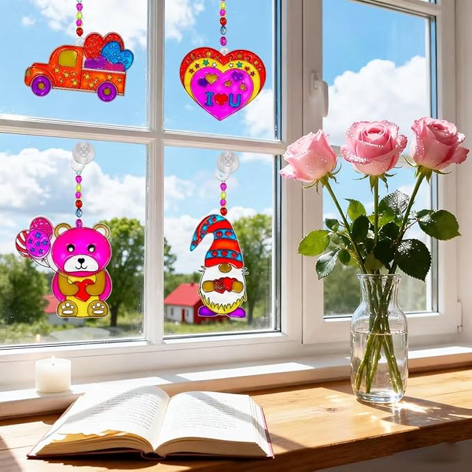 AUEKIV Valentines Suncatcher Crafts Kit 24sets Heart DIY Window Paint Art Suncatchers,Bear Sun Catchers for Valentine's Day Mother's Day Gift Exchange Classroom Art Project Party Favors